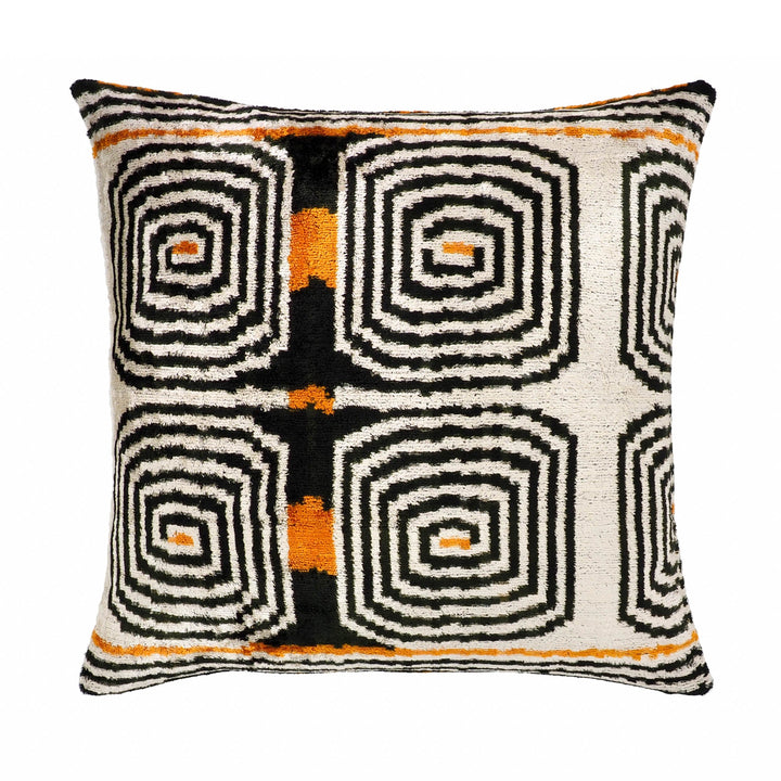 Square silk velvet pillow cover with cream, black, and orange labyrinth ikat geometric pattern