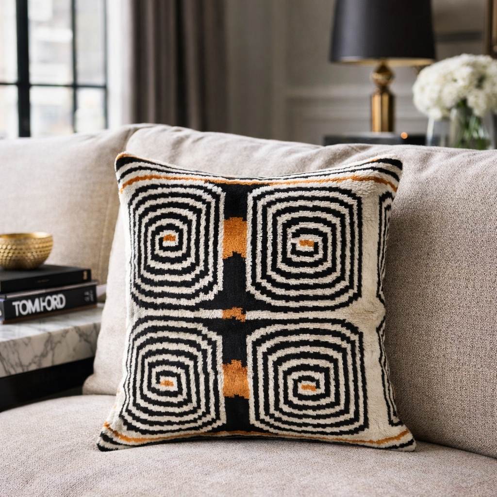 Square silk velvet pillow cover with cream, black, and orange labyrinth ikat pattern