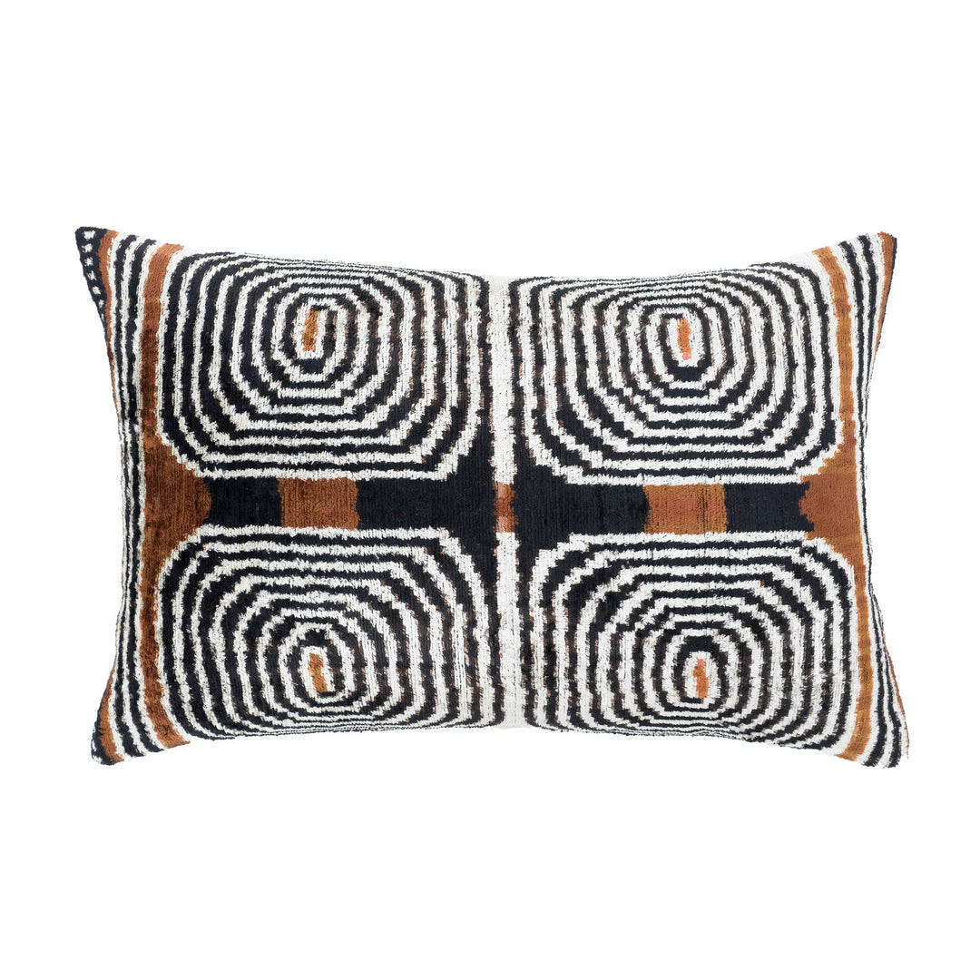 Ikat throw pillow cover, black/white swirl blocks with brown side stripes