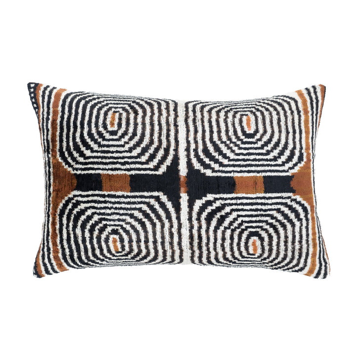 Ikat throw pillow cover, black/white swirl blocks with brown side stripes