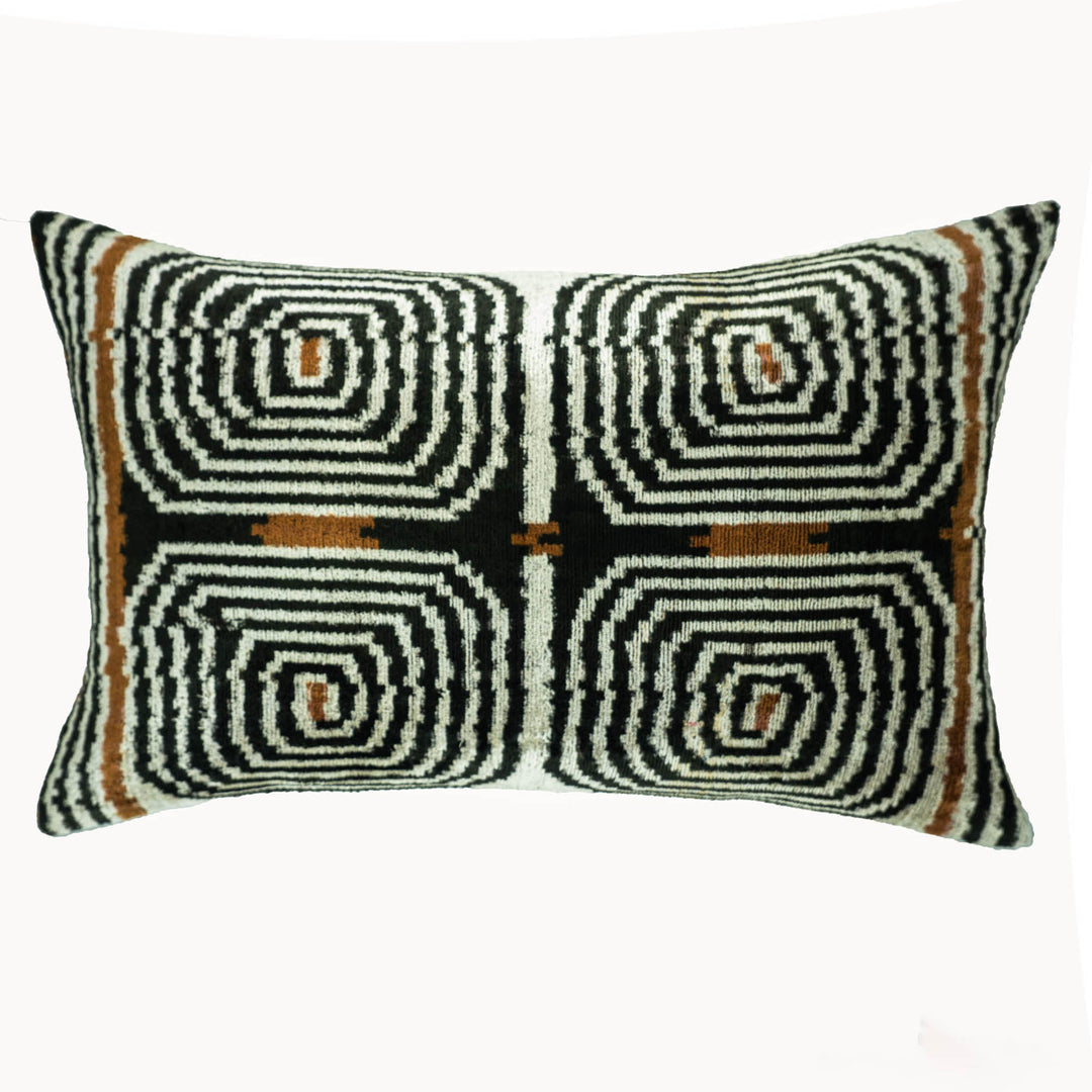 Ikat throw pillow cover, black/white labyrinth swirl pattern with brown accents
