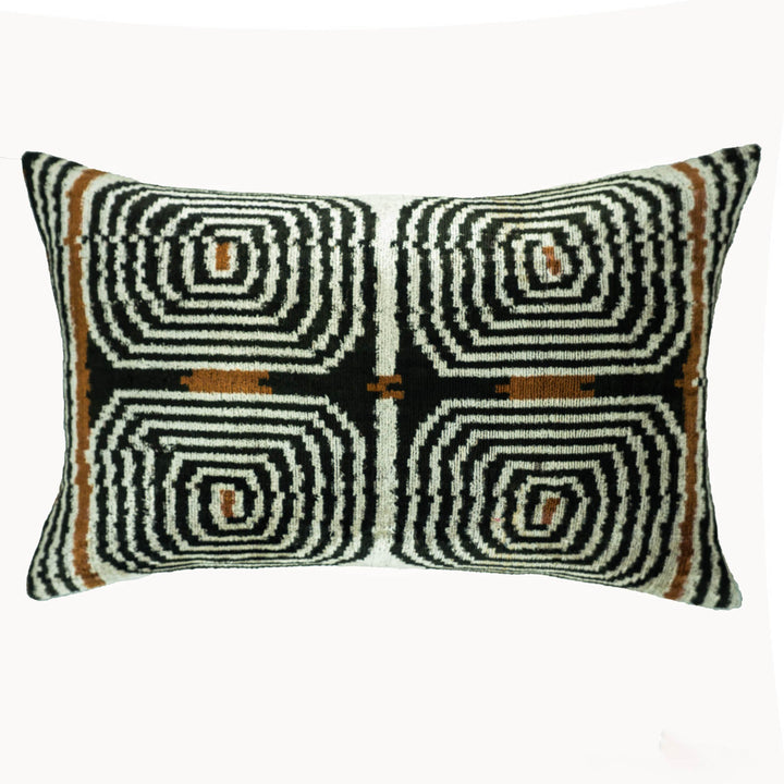 Ikat throw pillow cover, black/white labyrinth swirl pattern with brown accents
