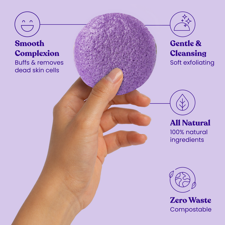 Purple round konjac facial cleansing sponge disc held in a hand