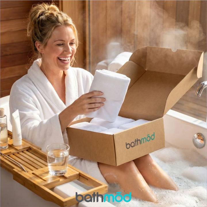 Open cardboard box with white bath mats stacked inside