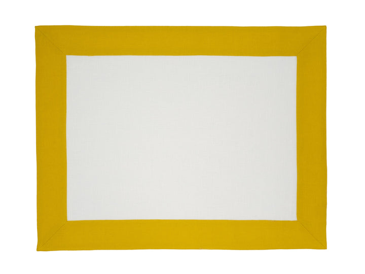Linen placemat with mustard border and white center, rectangular