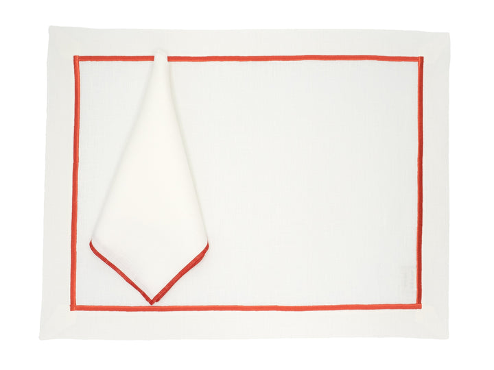 Linen placemat with red border and folded corner