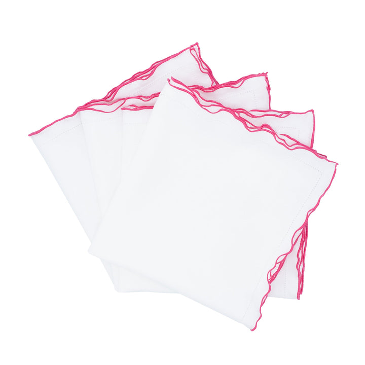 Set of 4 white linen napkins with pink ruffled hemstitch edges