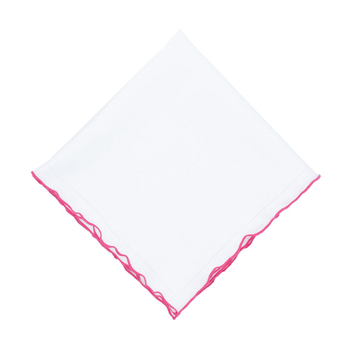 White linen napkin with pink ruffled hemstitch edge detail