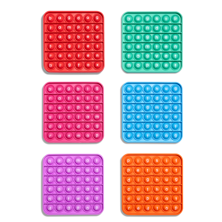 Set of six square CVC pop fidget mats with colorful letter bubbles in six colors