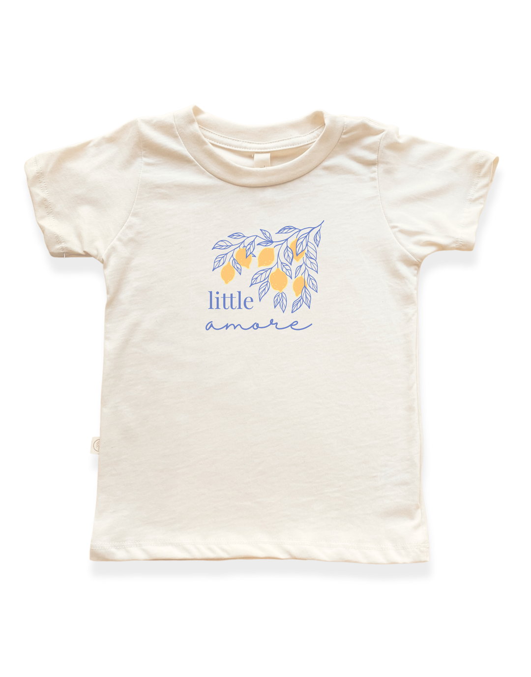 Kids organic cotton T-shirt, cream with blue leaf “little amore” graphic on front.