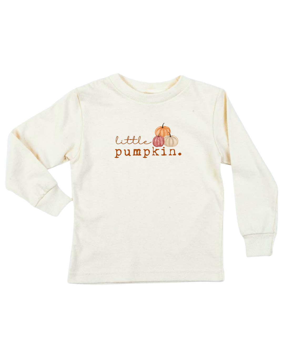 Kids organic long-sleeve T-shirt, cream with 'little pumpkin' pumpkin graphic