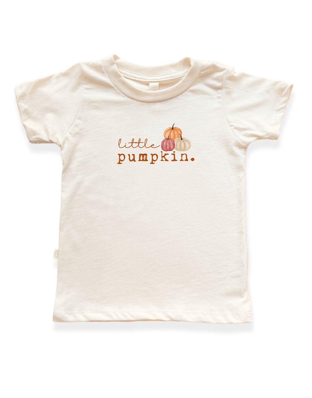 Kids organic t-shirt in light cream with orange pumpkin 'little pumpkin' print