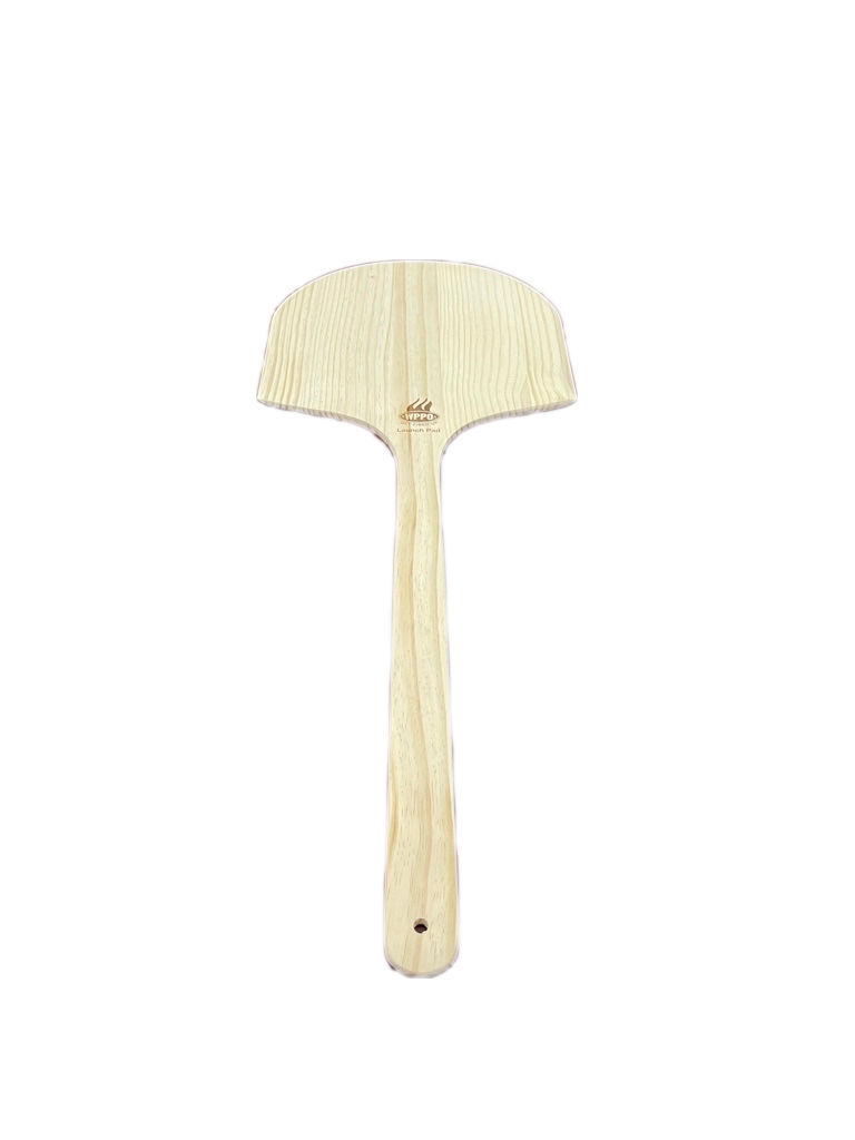 Light wood long-handled pizza peel with curved semicircle blade end