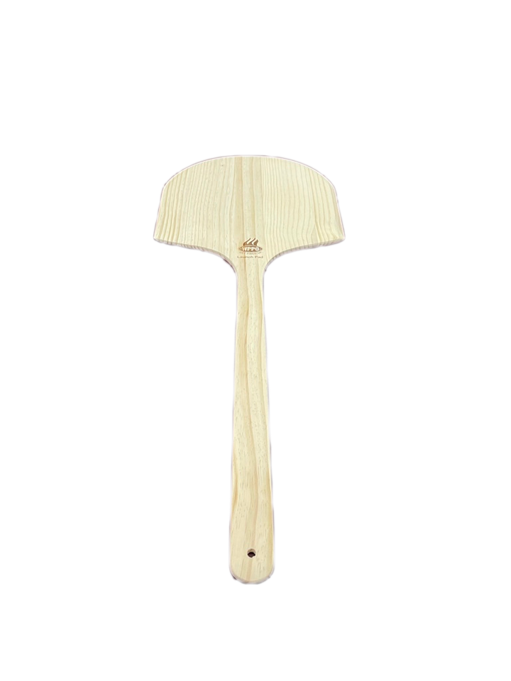 Light wood long-handled pizza peel with curved semicircle blade end