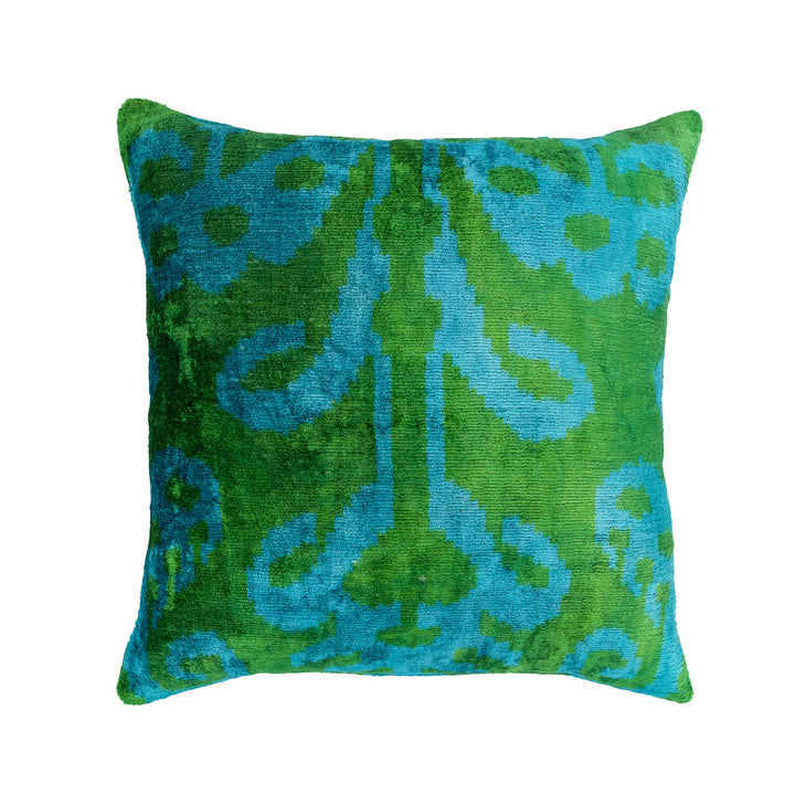 20 x 20-inch decorative velvet ikat pillow with blue and green geometric pattern, square