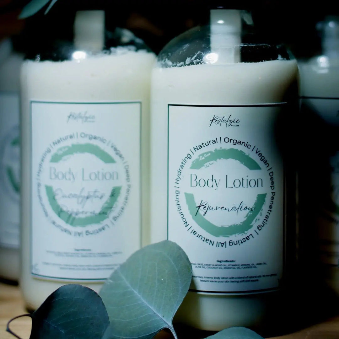 Two amber body lotion pump bottles with off-white lotion and labeled fronts