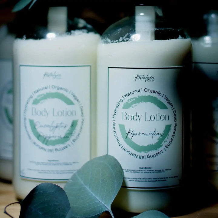 Two amber body lotion pump bottles with off-white lotion and labeled fronts
