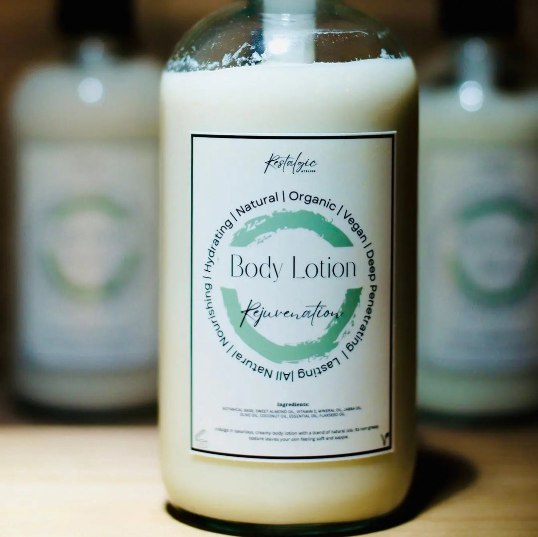 Amber body lotion bottle with black pump and off-white lotion, green label circle