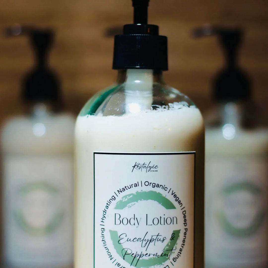 Amber body lotion bottle with black pump labeled Eucalyptus &amp; Peppermint