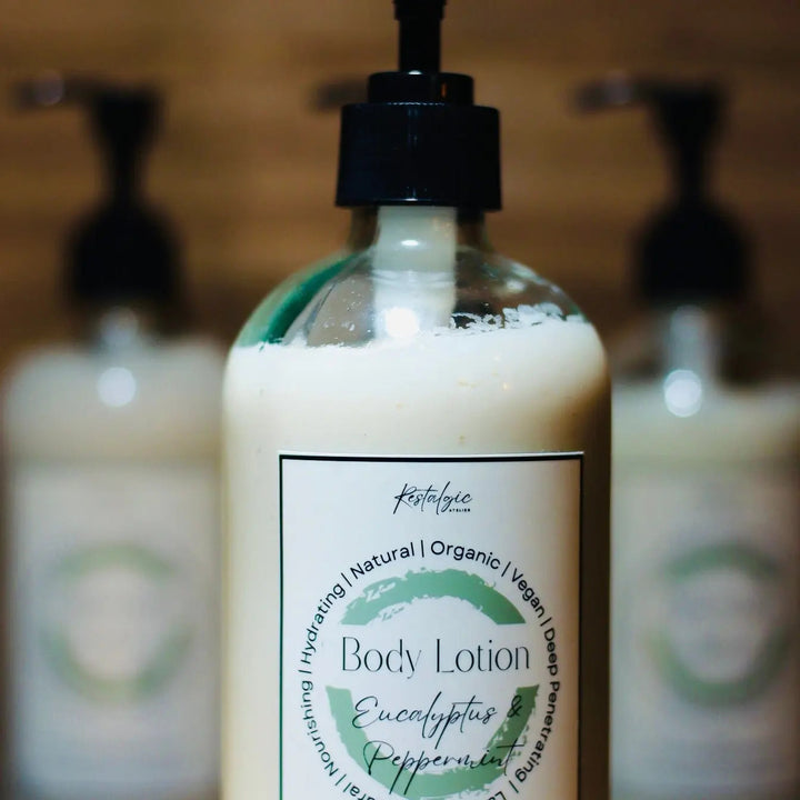 Amber body lotion bottle with black pump labeled Eucalyptus &amp; Peppermint