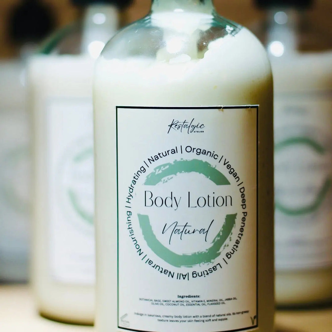 Amber body lotion bottle with black pump and Natural label, front view