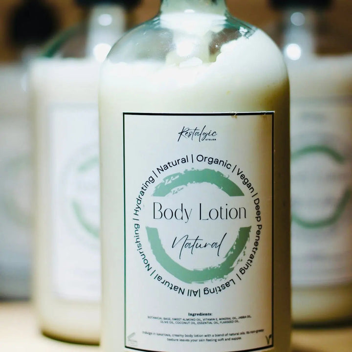 Amber body lotion bottle with black pump and Natural label, front view