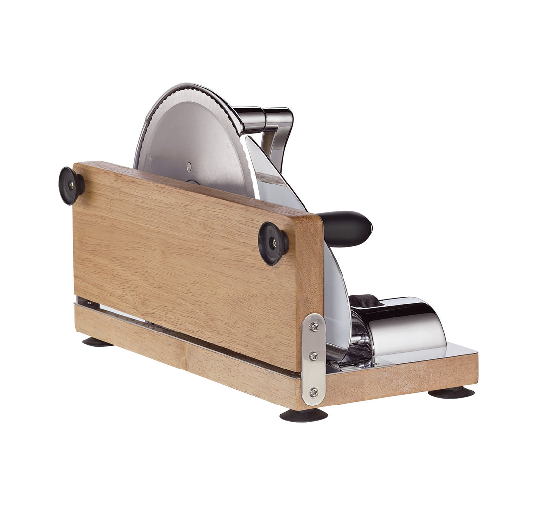 Manual chrome bread slicer side view with circular serrated blade and black grip handle