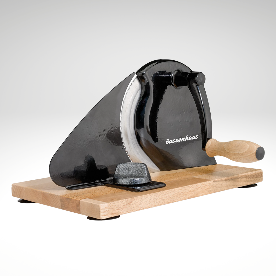 Black adjustable bread slicer with shiny stainless blade, wooden base and wood handle