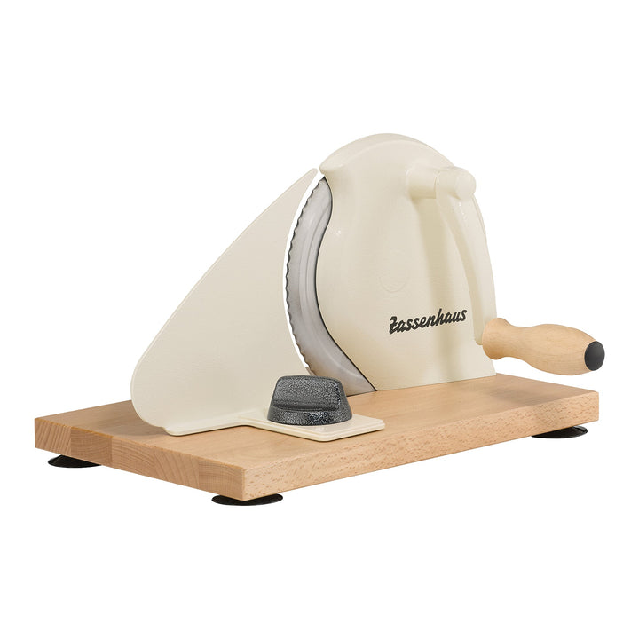 Cream adjustable bread slicer with stainless blade and wooden base, wood handle