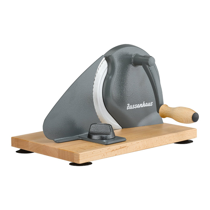 Gray adjustable bread slicer with stainless blade and wooden base, wood handle