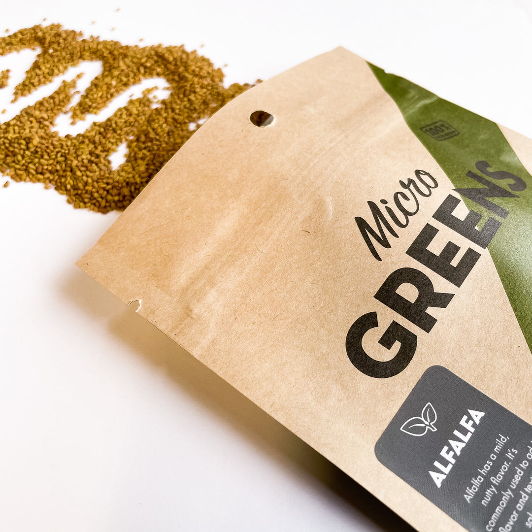 Alfalfa microgreen seed packet, Micro GREENS branding, Seattle Seed Co.