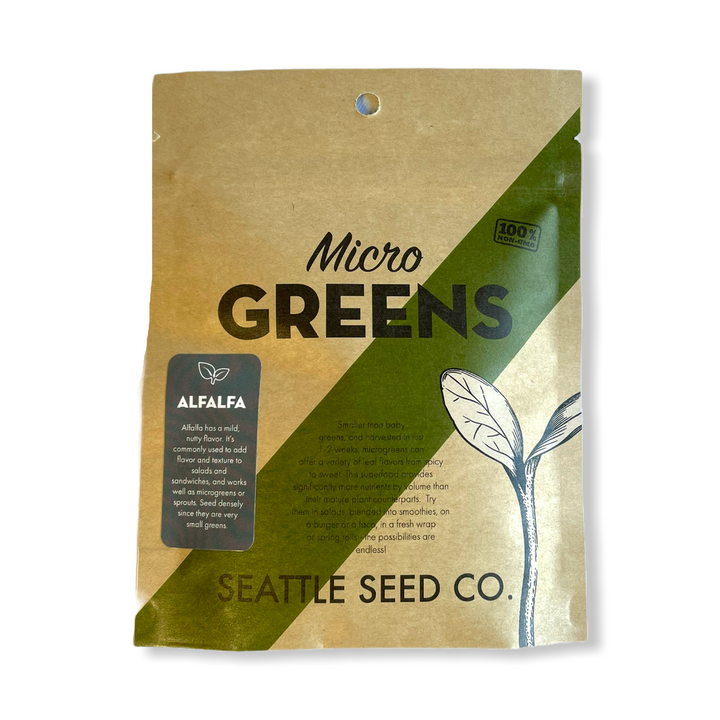 Microgreens seed packet with Seattle Seed Co., alfalfa leaf graphic, and text