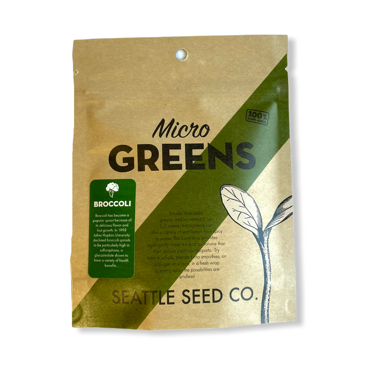 Broccoli microgreen seed pouch, Seattle Seed Co logo on front