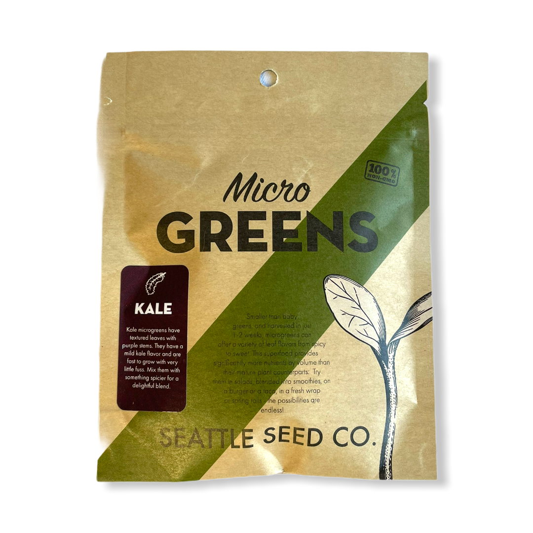 Kale microgreen seed packet, kraft bag with Seattle Seed Co branding and kale icon