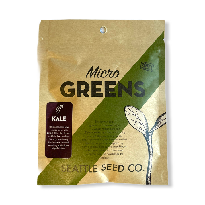 Kale microgreen seed packet, kraft bag with Seattle Seed Co branding and kale icon