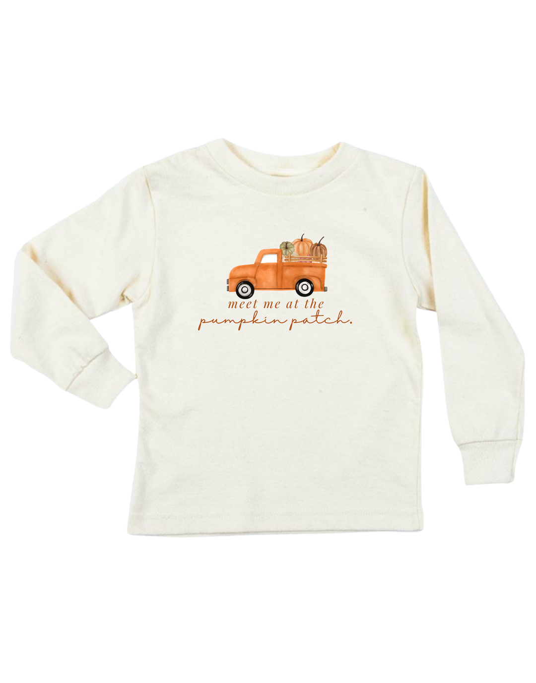 Kids organic long-sleeve T-shirt, cream with orange truck and pumpkin patch graphic
