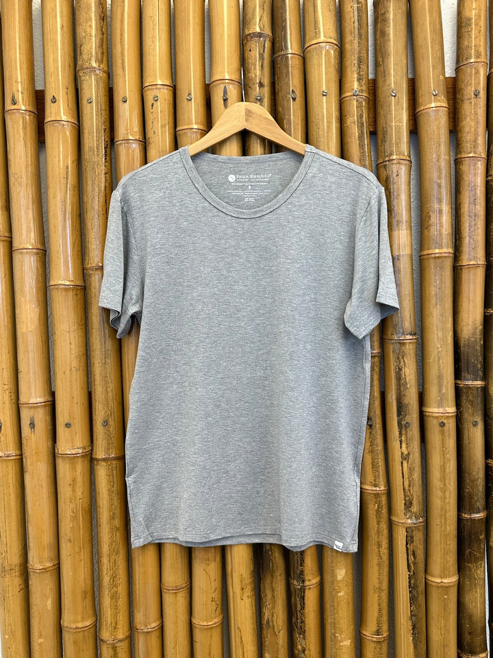 Heather grey short-sleeve crew-neck lounge T-shirt on wooden hanger