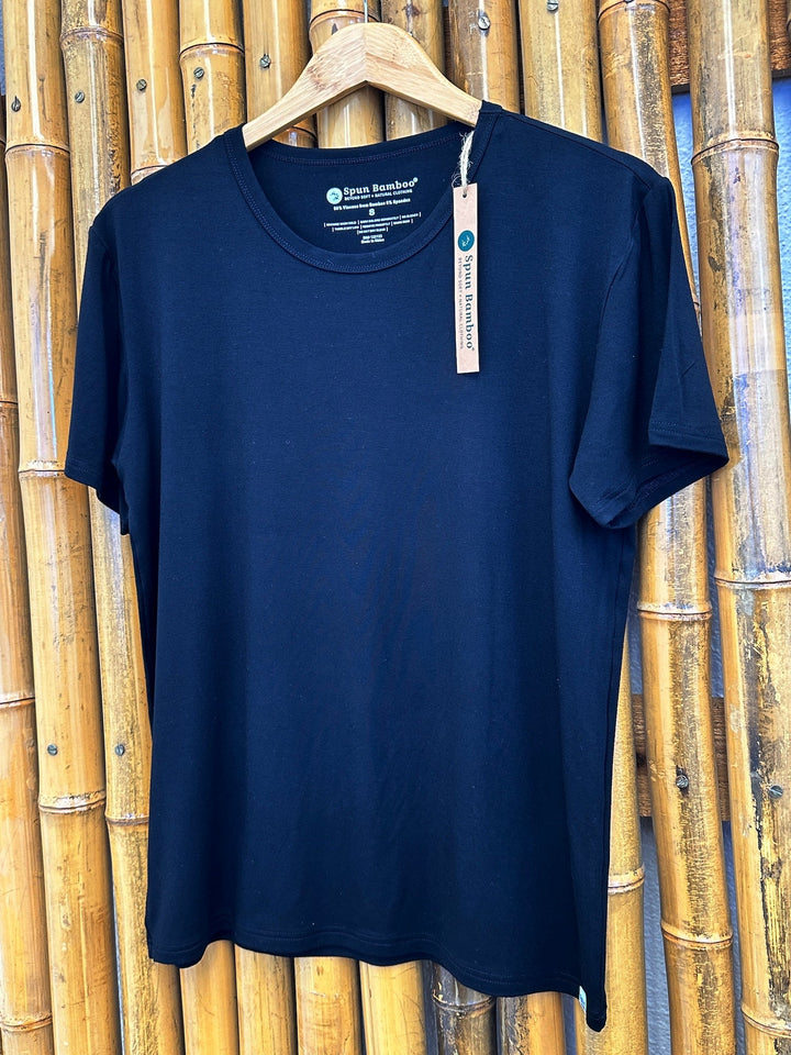 Navy short-sleeve crew-neck lounge T-shirt on wooden hanger with tag