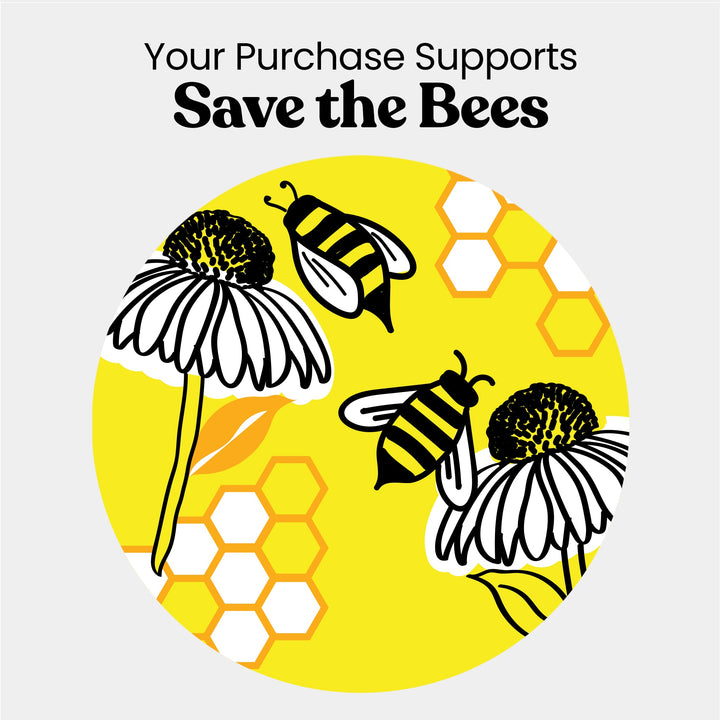 Save the Bees graphic with bees and flowers on a yellow circle