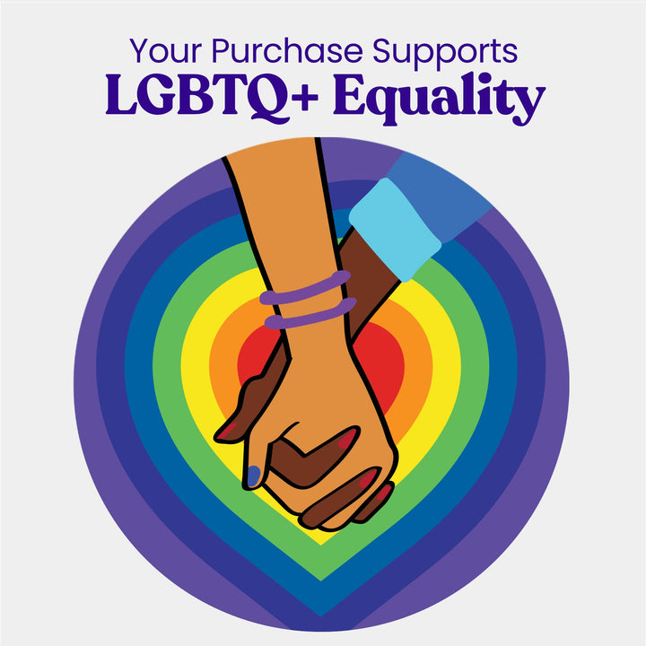 LGBTQ+ equality graphic: rainbow heart with crossed hands and pride colors