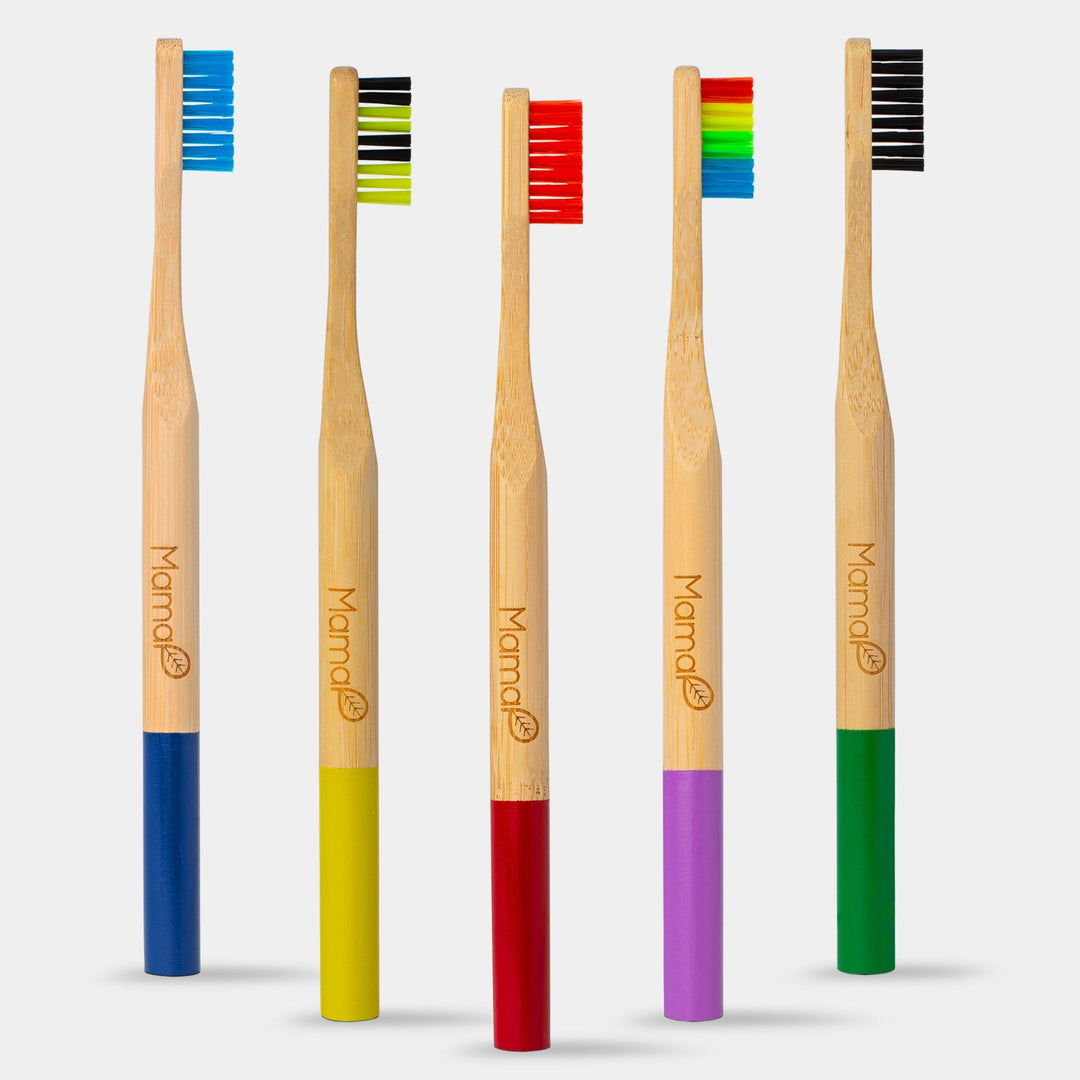 Bamboo toothbrushes 5-pack with colored bristle heads on natural bamboo handles