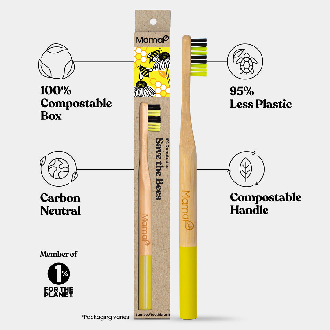 Kids bamboo toothbrush with yellow handle and soft bristles, compostable handle