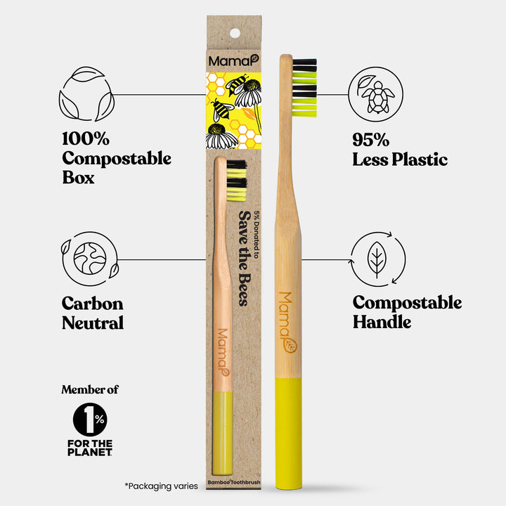 Kids bamboo toothbrush with yellow handle and soft bristles, compostable handle