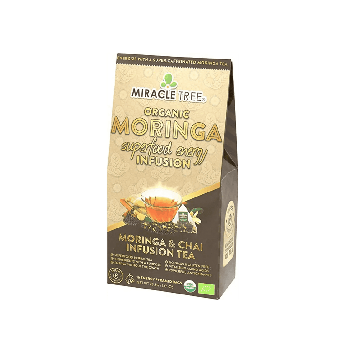 Miracle Tree organic moringa chai tea box, angled side front view