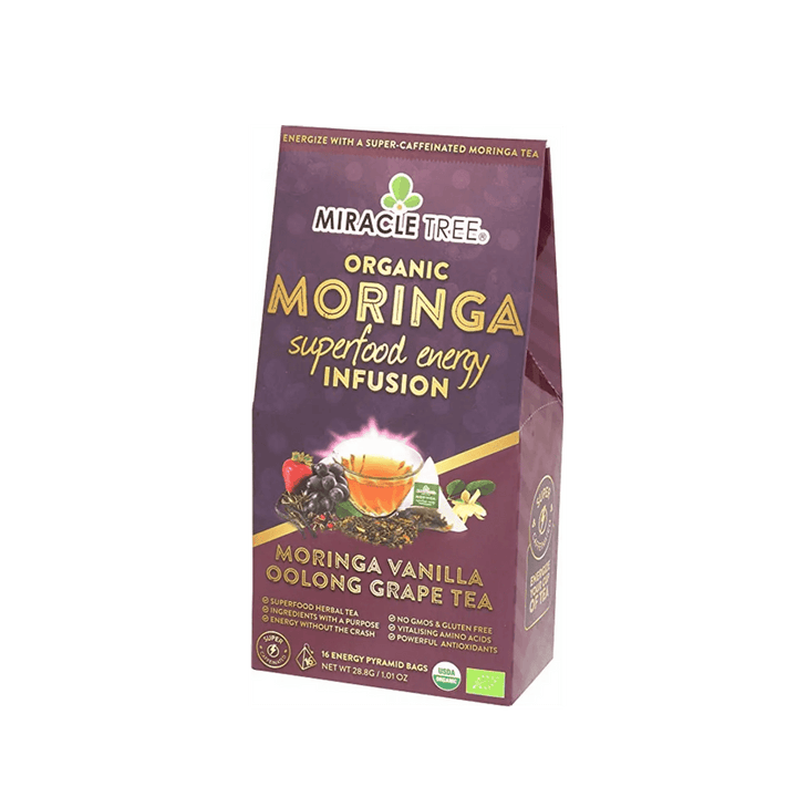 Miracle Tree organic moringa tea package, front view with moringa vanilla oolong grape tea