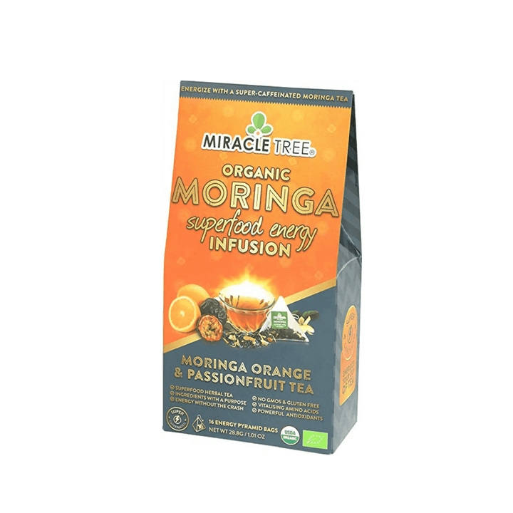 Miracle Tree Organic Moringa tea pouch with orange and passionfruit front label