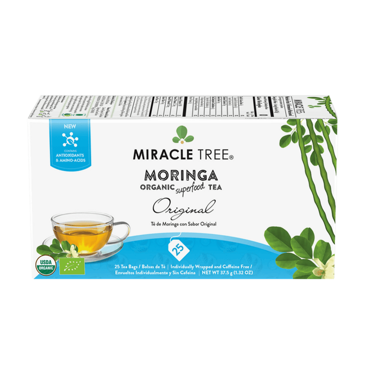 Miracle Tree Moringa organic tea box with cup graphic and green leaves