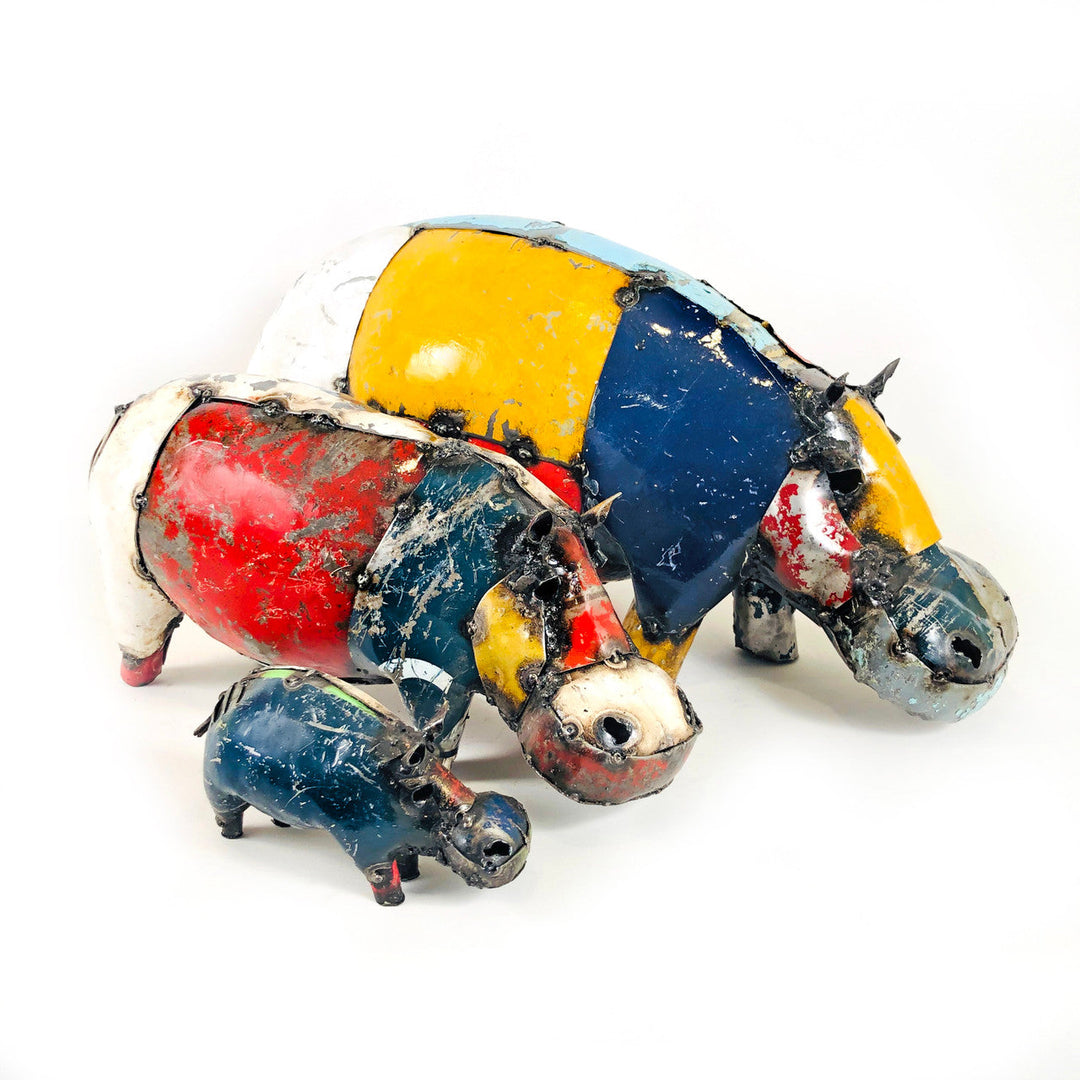 Happy Hippo recycled metal pig figurine, multi-color painted figure with four legs