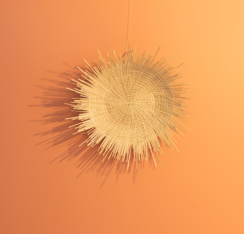 Natural raffia sunburst wall plate hanging with radiating strands, light tan round disc