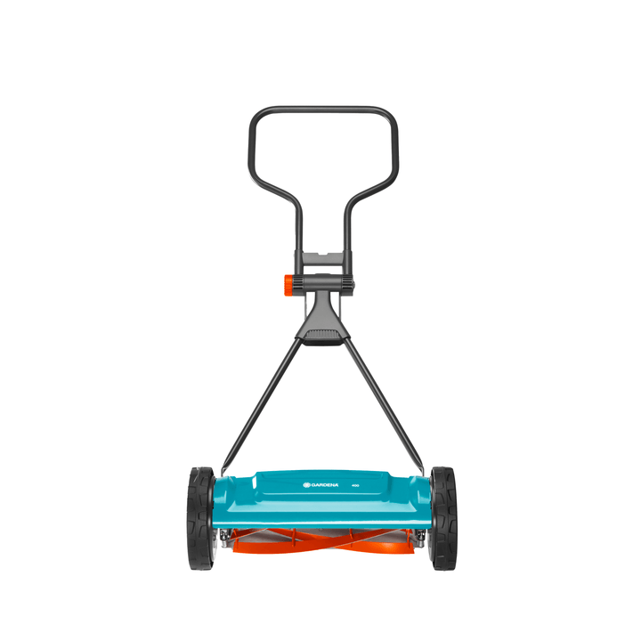 Blue cylinder lawnmower with front roller, push handle, and side discharge guard.